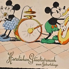 Vintage 1930s German Disney Mickey Minnie Mouse Birthday Postcard Friedrich Eber picture