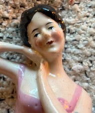 Antique Porcelain Half Doll 3” Black Hair Pink Bodice Arms Raised Lady 1900–1930 picture