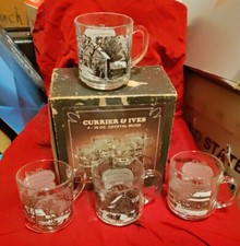 Currier & Ives Cup 4 Mugs American Winter Clear glass Luminarc Vintage W / Box picture