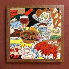 Vintage Arius Santa Fe Art Tile Trivet Framed New Orleans Mardi Gras Food Gumbo picture