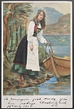 1907 Norway Postcard – Norwegian Girl in Traditional Dress Rowboat Scene picture