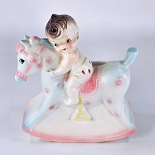 Vintage Rubens Originals Baby on Rocking Horse Planter Japan 645M Pink Blue picture