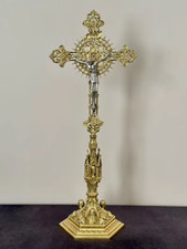 Brass Catholic Cross Crucifix Station With Saint Benedict Medallion Engraving picture