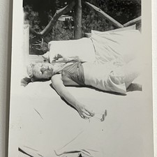 Vintage B&W Snapshot Photograph Beautiful Woman Fell Asleep Outside Tanning Odd picture
