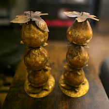 Vintage Dept 56 Gilded Gold Pear Candleholder Set Trio Stack Holiday Fall Decor picture