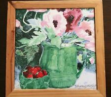 Vintage Ceramic Tile Trivet Wall Plaque Wood Framed Flowers Berries Dawna Barton picture