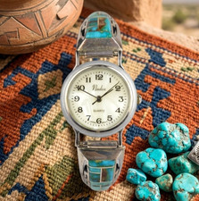 Signed Jerry T Nelson Navajo Sterling Silver Turquoise Inlay Watch Tips Vintage picture