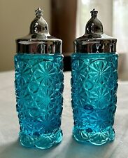 L E Smith Vintage Daisy and Button Salt & Pepper Shakers Colonial Blue Glass picture