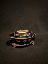 Vintage Cobalt Blue Porcelain Trinket Box Gold Filigree Romantic Pastoral Scene picture