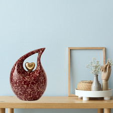 Maroon Teardrop Memorial Urn for Human Ashes with Gold Heart Male & Female picture
