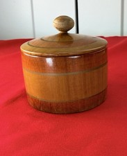 Vtg 1930s Art Deco Turned Wood Powder Jar Trinket Box Inlaid Brass Bands 3.23” picture