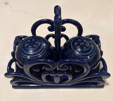 Vintage FIESTA Blue Ceramic Salt and Pepper Shakers with Decorative Holder picture