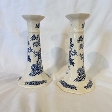 Vintage Mason’s Patent Ironstone Candlestick Pair Blue White Chinoiserie England picture