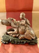 VINTAGE Carved Chinese Soapstone Boy On Water Buffalo, Musk Ox,  Excellent picture