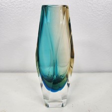 Murano Flavio Poli Faceted Glass Vase Signed Blue Yellow Ombre Art Decor picture