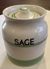Vintage Sadler Kleen Kitchen Ware SAGE Storage Jar Canister Green Stripe w Top picture