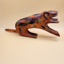 Folk Art Handcrafted Oaxacan Wood Cheetah Sculpture Maximalist Home Decor picture