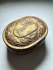 Antique Pozzoni's 1912 Brass Powder Puff Tin Box Embossed Lidded Trinket Dresser picture