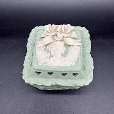Vintage Green Jasperware Cameo Jewelry Box Trinket Box Relief Lid Heart Cutouts picture