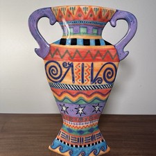 Hand Painted Colorful Skinny Ceramic Vase Folk Art Bohemian Geometric Accent 12” picture
