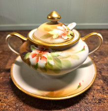 Antique 1911-21 Nippon Azalea Condiment/Mustard Pot Attached Underplate & Spoon picture