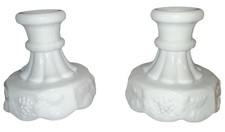 VNT Westmoreland White Milk Glass Candle Holders Paneled Grape Leaf Set of 2 picture