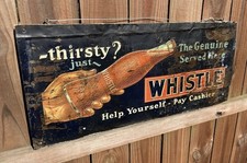 1920s WHISTLE SODA TIN TACKER GRAPHIC BOTTLE  METAL EMBOSSED SIGN 30x13” picture