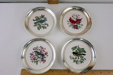 Vtg Set of 4 Sheridan Taunton Silversmiths Song Bird Painted Porcelain Coasters picture
