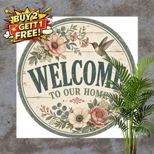 Welcome Floral Hummingbird Wreath Round Metal Sign Home Wall Decor Plaque 8x8 picture