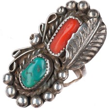 sz7 vintage Navajo sterling silver turquoise and branch coral long ring picture