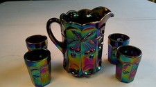 Mosser Purple Carnival Glass Mini Water Set Pitcher 4 Tumblers Cherry & Cable picture