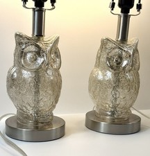 Pair 19” Mercury Glass Owl Table Lamps Silver Chrome Figural Accent Lamps picture