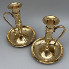 Vintage Brass Chamberstick Candle Holders Pair Handle Made In India Taper 5.5” picture