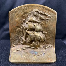 Vintage Brass Sailing Ship Bookend Nautical Galleon Art Deco Maritime Decor picture