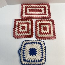 Vintage Handmade Potholders Trivet Crocheted Red White Blue Lot of 4 READ picture