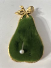 RARE Vintage 50's Green Toned Metal Pear Velvet Sewing Pin Cushion Art deco picture