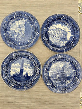Set of 4 Wedgwood Blue Transferware Historical Plates Boston with Wall Hangers picture