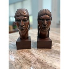 A Franco Signed Art Deco Wood Bust Sculptures Male Female Native Style Pair picture