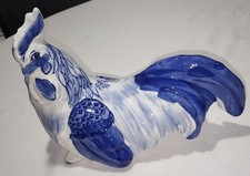 VINTAGE 1960s Rooster Bird Cobalt Blue White Hand Painted Delft Style Figurine picture