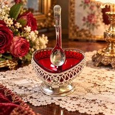 Vintage Ruby Red Glass Heart Shaped Candy Dish Silver Tone Filigree Bowl w Spoon picture