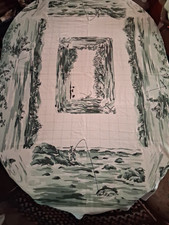 Vintage Pictorial Photo Scenic Startex Tablecloth Flyfishing Trout Cabin 104X66 picture