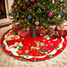 48-inch Vintage Christmas Tree Skirt Retro Santa Snowman Deer Red Holiday Decor picture