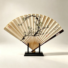 Brand New Hand-Painted Green Plum Blossom Folding Fan by Artist Zhou Xiaoying picture
