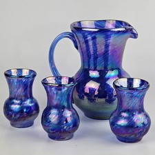 Vintage 1984 Hand Blown Levay Pitcher & Tumbler Iridescent Carnival Blue Glass picture