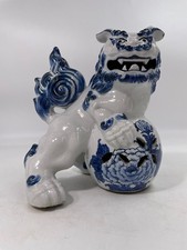 Blue White Foo Dog Guardian Lion Ceramic Figurine Chinese Style Statue VTG picture