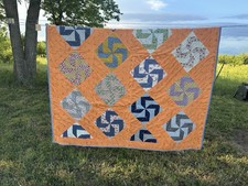 Vintage Hand Stitched Pinwheel Quilt, Approximately 68”x86”, Vibrant Color-EUC picture