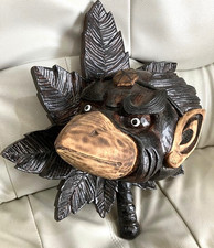 Vintage Japanese Wooden Carving of a Karasu Tengu's Face & Uchiwa Fan 30×25cm picture