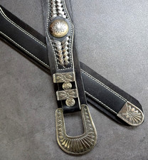 Navajo FRANK ARMSTRONG Sterling Silver Concho BLACK LEATHER BELT New Old Stock picture