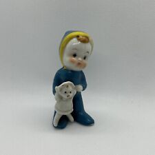Vtg Japan Ceramic Christmas Blue Pixie Elf Boy With Doll Figurine 3” Paint Wear picture