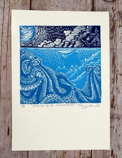 Ocean Life Octopus Woodcut Print Handmade & Printed Not Framed Mexican Folk Art picture